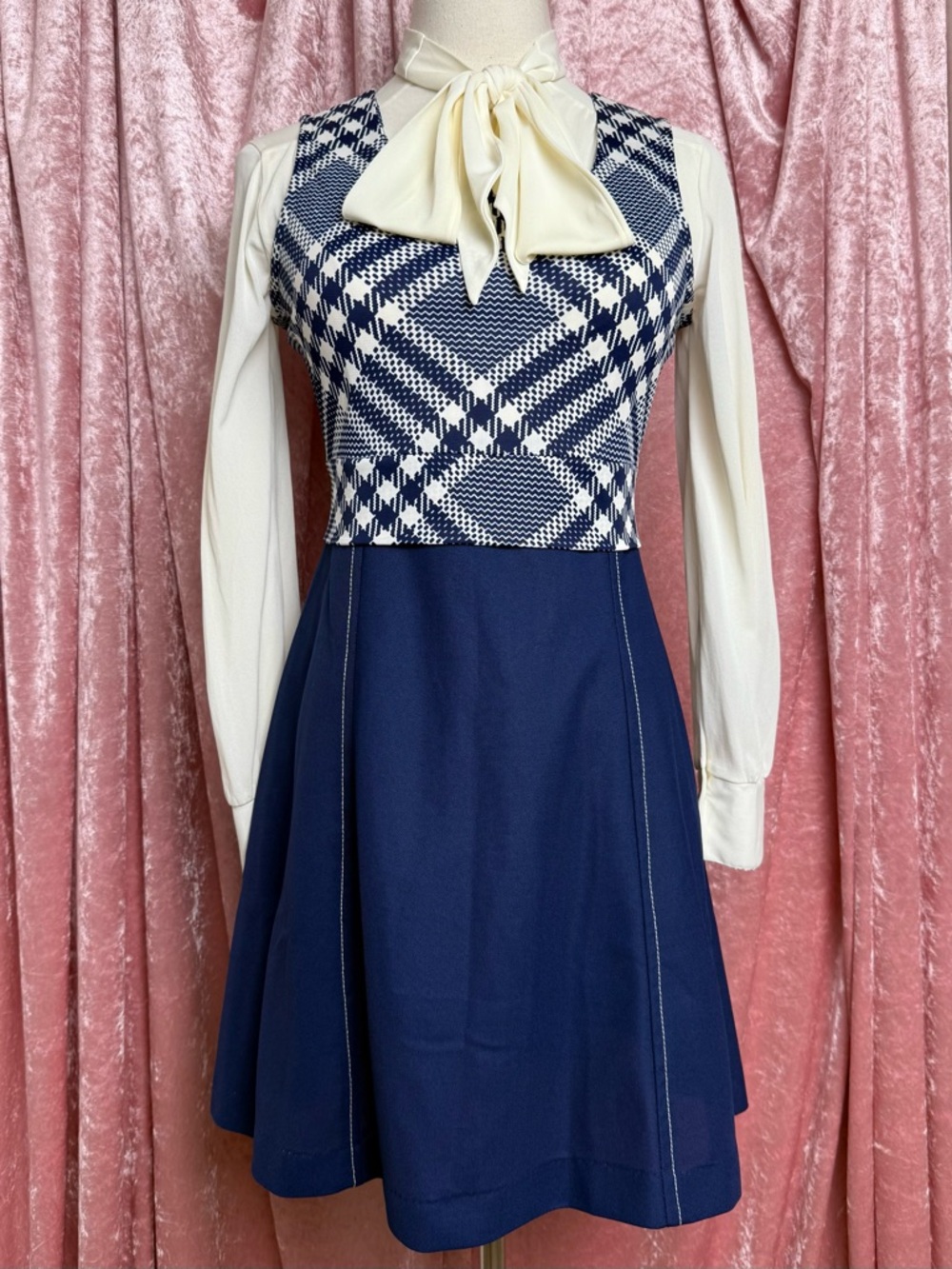 Vintage 70s Blue White Plaid Contrast Stitching Sleeveless Mini Dress XS Small